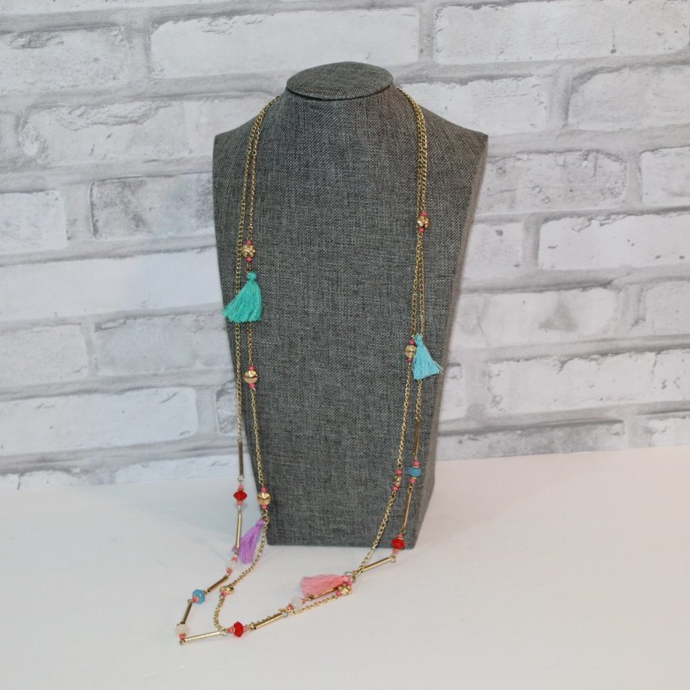 FUN Long Layered BOHO Necklace GOLD Tassels UNIQUE
